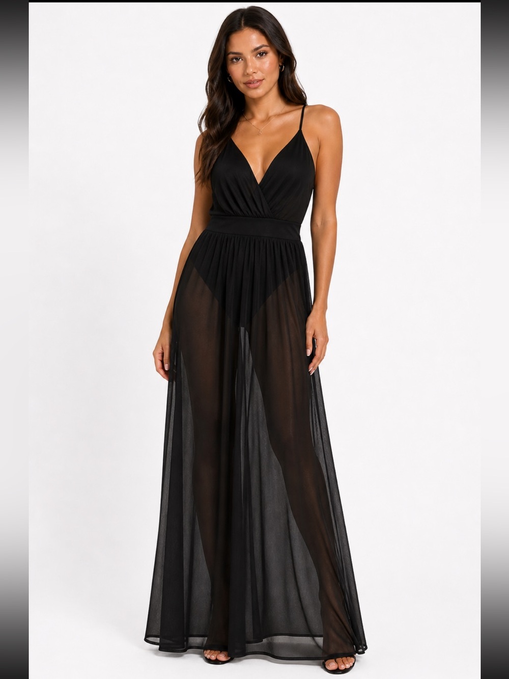 Fashion Nova Sheer Mesh Maxi Dress Bodysuit Black Plunge Strappy Back Size S”